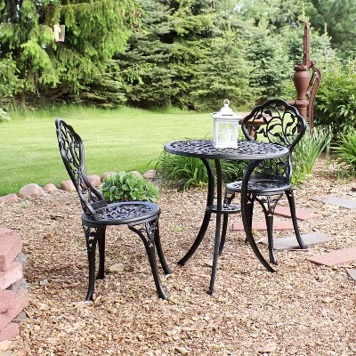 Sunnydaze Decor Sunnydaze Floral Design Cast Aluminum Outdoor Patio Bistro Set, Black, 3pc 1 Sunnydaze Decor Sunnydaze Floral Design Cast Aluminum Outdoor Patio Bistro Set, Black, 3pc