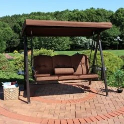 Sunnydaze Decor Sunnydaze Outdoor 3-Person Aluminum Patio Swing With Adjustable Canopy, Cushions And Pillow