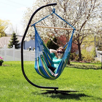 Sunnydaze Decor Sunnydaze Jumbo Extra Large Hanging Rope Hammock Chair Swing With C-Stand - 300 Lb Weight Capacity - Ocean Breeze 5 Sunnydaze Decor Sunnydaze Jumbo Extra Large Hanging Rope Hammock Chair Swing With C-Stand - 300 Lb Weight Capacity - Ocean Breeze - Image 5