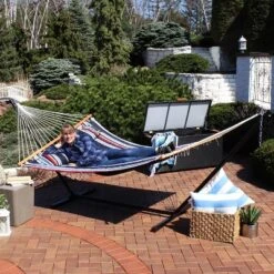 Sunnydaze Decor Sunnydaze Outdoor 2-Person Double Polyester Quilted Hammock With Wood Spreader Bar And 12ft Black Steel Stand 22 Sunnydaze Decor Sunnydaze Outdoor 2-Person Double Polyester Quilted Hammock With Wood Spreader Bar And 12ft Black Steel Stand -Sunnydaze Decor GUEST 109ebc5a 9b92 4f70 94e4 820090d8813d