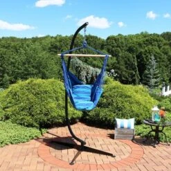Sunnydaze Decor Sunnydaze Double Cushion Hanging Rope Hammock Chair Swing With C-Stand - 265 Lb. Weight Capacity