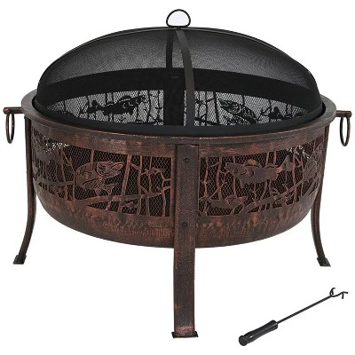 Sunnydaze Decor Sunnydaze Outdoor Camping Or Backyard Steel Northwoods Fishing Fire Pit With Spark Screen - 30" - Bronze 5 Sunnydaze Decor Sunnydaze Outdoor Camping Or Backyard Steel Northwoods Fishing Fire Pit With Spark Screen - 30" - Bronze - Image 5