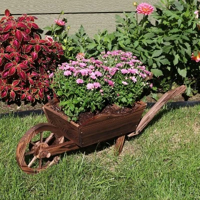 Sunnydaze Decor Sunnydaze Wooden Decorative Wheelbarrow Planter For Patio, Lawn And Garden - 35" L X 10" W X 11" - Brown 3 Sunnydaze Decor Sunnydaze Wooden Decorative Wheelbarrow Planter For Patio, Lawn And Garden - 35" L X 10" W X 11" - Brown - Image 3