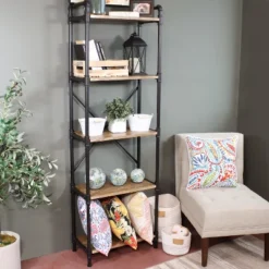 Sunnydaze Decor Sunnydaze 5 Shelf Industrial Style Pipe Frame Freestanding Bookshelf With Wood Veneer Shelves -Sunnydaze Decor GUEST 215bb92c 8001 4d87 b983 3a664dd945c0