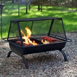 Sunnydaze Decor Sunnydaze Outdoor Camping Or Backyard Rectangular Northland Fire Pit With Cooking Grill Grate, Spark Screen, Log Poker, And Fire Pit Cover - 36"