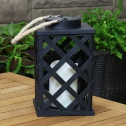 Sunnydaze Decor Sunnydaze Outdoor Modern Crosshatch Hanging Tabletop Solar LED Rustic Farmhouse Decorative Candle Lantern - 9"
