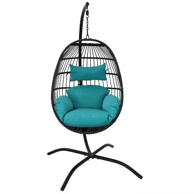 Sunnydaze Decor Sunnydaze Outdoor Resin Wicker Patio Dalia Hanging Basket Egg Chair With Cushions, Headrest, And Steel Stand Set - Teal - 3pc 7 Sunnydaze Decor Sunnydaze Outdoor Resin Wicker Patio Dalia Hanging Basket Egg Chair With Cushions, Headrest, And Steel Stand Set - Teal - 3pc - Image 7