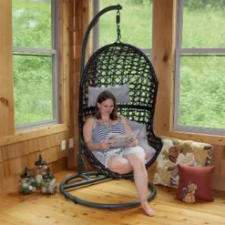 Sunnydaze Decor Sunnydaze Outdoor Resin Wicker Patio Cordelia Hanging Basket Egg Chair Swing With Cushion, Headrest, And Steel Stand Set- 3pc -Sunnydaze Decor GUEST 3bcef146 091f 4e60 9a61 e054ff3cd3ad