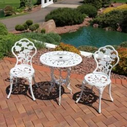 Sunnydaze Decor Sunnydaze Flower Design Cast Aluminum Bistro Set With Cast Iron Legs, White, 3pc