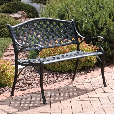 Sunnydaze Decor Sunnydaze 2-Person Checkered Design Cast Aluminum Outdoor Patio Bench, Black 2 Sunnydaze Decor Sunnydaze 2-Person Checkered Design Cast Aluminum Outdoor Patio Bench, Black - Image 2