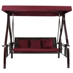 Sunnydaze Decor Sunnydaze 3-Person Outdoor Patio Swing With Adjustable Canopy Shade, Foldable Side Tables, Cushions And Pillow, Merlot -Sunnydaze Decor GUEST 4e16c133 b1df 4191 8bef e932eb7cade3