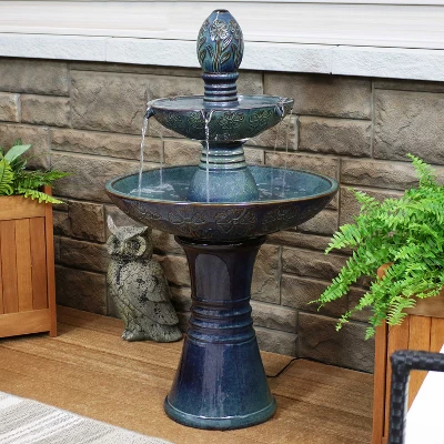 Sunnydaze Decor Sunnydaze 38"H Electric Ceramic 2-Tier Outdoor Water Feature With LED Lights, Green 1 Sunnydaze Decor Sunnydaze 38"H Electric Ceramic 2-Tier Outdoor Water Feature With LED Lights, Green