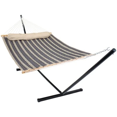 Sunnydaze Decor Sunnydaze Outdoor 2-Person Double Polyester Quilted Hammock With Wood Spreader Bar And 12ft Black Steel Stand 11 Sunnydaze Decor Sunnydaze Outdoor 2-Person Double Polyester Quilted Hammock With Wood Spreader Bar And 12ft Black Steel Stand - Image 11