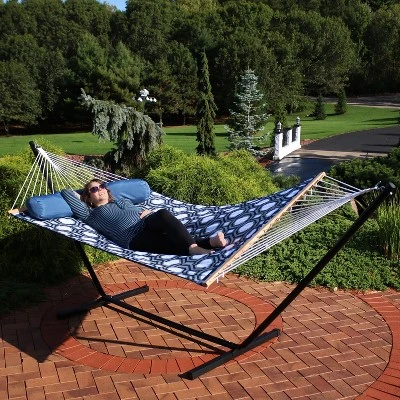 Sunnydaze Decor Sunnydaze Outdoor 2-Person Double Polyester Quilted Hammock With Wood Spreader Bar And 12ft Black Steel Stand 6 Sunnydaze Decor Sunnydaze Outdoor 2-Person Double Polyester Quilted Hammock With Wood Spreader Bar And 12ft Black Steel Stand - Image 6