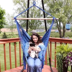 Sunnydaze Decor Sunnydaze Double Cushion Hanging Rope Hammock Chair Swing - 265 Lb Weight Capacity - Cornflower Stripes 11 Sunnydaze Decor Sunnydaze Double Cushion Hanging Rope Hammock Chair Swing - 265 Lb Weight Capacity - Cornflower Stripes -Sunnydaze Decor GUEST 56a8e41c a265 4c74 b964 07f90aac2616