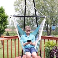 Sunnydaze Decor Sunnydaze Polyester Rope Hanging Caribbean-Style Hammock Chair Swing For Patio, Porch, Or Yard - Lagoon Stripes -Sunnydaze Decor GUEST 56f5c225 b1e6 4693 89dd 409c3c4822f9