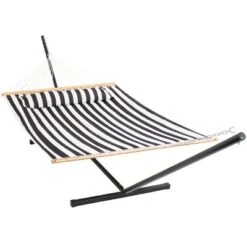 Sunnydaze Decor Sunnydaze Outdoor 2-Person Double Polyester Quilted Hammock With Wood Spreader Bar And 12ft Black Steel Stand 30 Sunnydaze Decor Sunnydaze Outdoor 2-Person Double Polyester Quilted Hammock With Wood Spreader Bar And 12ft Black Steel Stand -Sunnydaze Decor GUEST 57839613 5d53 4246 9bff aee396cfc950