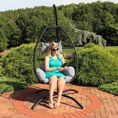 Sunnydaze Decor Sunnydaze Outdoor Resin Wicker Patio Delaney Hanging Basket Egg Chair With Cushions, Headrest, And Steel Stand Set - Gray - 3pc 7 Sunnydaze Decor Sunnydaze Outdoor Resin Wicker Patio Delaney Hanging Basket Egg Chair With Cushions, Headrest, And Steel Stand Set - Gray - 3pc - Image 7