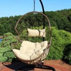 Sunnydaze Decor Sunnydaze Outdoor Resin Wicker Patio Lorelei Hanging Basket Egg Chair Swing With Cushions And Headrest - Beige - 2pc