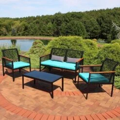 Sunnydaze Decor Sunnydaze Outdoor Rattan Coachford Patio Conversation Furniture Set With Loveseat, Chairs, Seat Cushions, And Coffee Table - 4pc