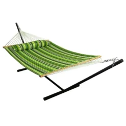 Sunnydaze Decor Sunnydaze Outdoor 2-Person Double Polyester Quilted Hammock With Wood Spreader Bar And 12ft Black Steel Stand 29 Sunnydaze Decor Sunnydaze Outdoor 2-Person Double Polyester Quilted Hammock With Wood Spreader Bar And 12ft Black Steel Stand -Sunnydaze Decor GUEST 5f20b64b ed5c 48f6 99e4 98a972d14170
