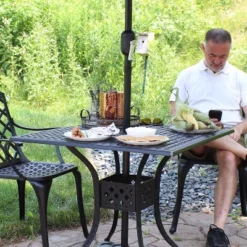 Sunnydaze Decor Sunnydaze Square Cast Aluminum Outdoor Patio Dining Table With Umbrella Hole, Black