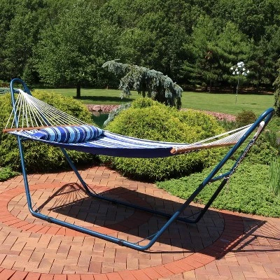 Sunnydaze Decor Sunnydaze Outdoor 2-Person Double Polyester Quilted Hammock With Wood Spreader Bar And Matte Blue Steel Multi-Use Stand - Catalina Beach 1 Sunnydaze Decor Sunnydaze Outdoor 2-Person Double Polyester Quilted Hammock With Wood Spreader Bar And Matte Blue Steel Multi-Use Stand - Catalina Beach