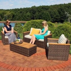 Sunnydaze Decor Sunnydaze Outdoor Rattan And Acacia Wood Kenmare Patio Conversation Furniture Set With Loveseat, Chairs, Table, And Seat Cushions - Green Stripe - 4pc 13 Sunnydaze Decor Sunnydaze Outdoor Rattan And Acacia Wood Kenmare Patio Conversation Furniture Set With Loveseat, Chairs, Table, And Seat Cushions - Green Stripe - 4pc -Sunnydaze Decor GUEST 63a660e8 27d6 44e2 a821 1e8f859cbcf7