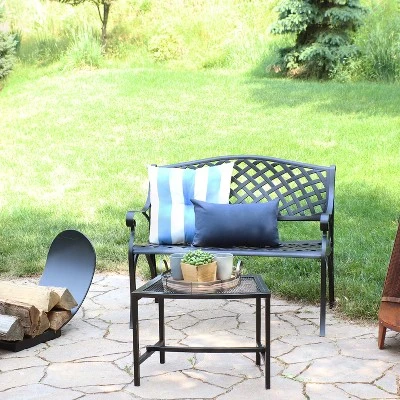 Sunnydaze Decor Sunnydaze 2-Person Checkered Design Cast Aluminum Outdoor Patio Bench, Black 7 Sunnydaze Decor Sunnydaze 2-Person Checkered Design Cast Aluminum Outdoor Patio Bench, Black - Image 7