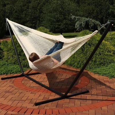 Sunnydaze Decor Sunnydaze Mayan Family Hammock Hand-Woven XXL Thick Cord With Stand - 400 Lb Weight Capacity/15' Stand 1 Sunnydaze Decor Sunnydaze Mayan Family Hammock Hand-Woven XXL Thick Cord With Stand - 400 Lb Weight Capacity/15' Stand