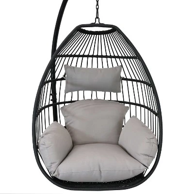 Sunnydaze Decor Sunnydaze Outdoor Resin Wicker Patio Delaney Hanging Basket Egg Chair With Cushions, Headrest, And Steel Stand Set - Gray - 3pc 4 Sunnydaze Decor Sunnydaze Outdoor Resin Wicker Patio Delaney Hanging Basket Egg Chair With Cushions, Headrest, And Steel Stand Set - Gray - 3pc - Image 4