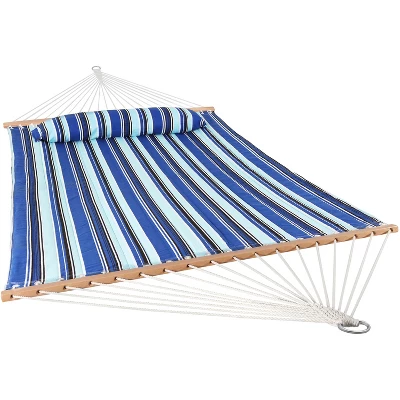 Sunnydaze Decor Sunnydaze Outdoor 2-Person Double Polyester Quilted Hammock With Wood Spreader Bar And Matte Blue Steel Multi-Use Stand - Catalina Beach 4 Sunnydaze Decor Sunnydaze Outdoor 2-Person Double Polyester Quilted Hammock With Wood Spreader Bar And Matte Blue Steel Multi-Use Stand - Catalina Beach - Image 4
