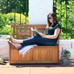Sunnydaze Decor Sunnydaze Outdoor Meranti Wood With Teak Oil Finish 2-Person Garden Storage Bench Seat - 47" - Brown -Sunnydaze Decor GUEST 7e2849c0 b110 4f0d af1e fcc54f8e943a