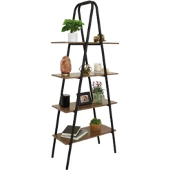 Sunnydaze Decor Sunnydaze 4-Shelf Industrial-Style Ladder Bookshelf - MDP With Powder-Coated Steel Frame - Brown -Sunnydaze Decor GUEST 801a30e2 6fc4 4a45 a08c c103401080b8