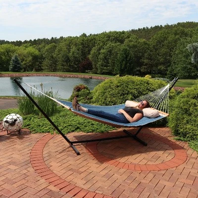 Sunnydaze Decor Sunnydaze Heavy-Duty 2-Person Quilted Designs Fabric Hammock With Spreader Bars And Detachable Pillow - 440 Lb Weight Capacity 4 Sunnydaze Decor Sunnydaze Heavy-Duty 2-Person Quilted Designs Fabric Hammock With Spreader Bars And Detachable Pillow - 440 Lb Weight Capacity - Image 4
