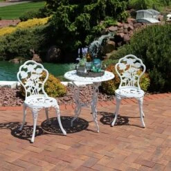 Sunnydaze Decor Sunnydaze Flower Design Cast Aluminum Bistro Set With Cast Iron Legs, White, 3pc -Sunnydaze Decor GUEST 8311e3fe f647 4b2c 8f52 550dd920202f