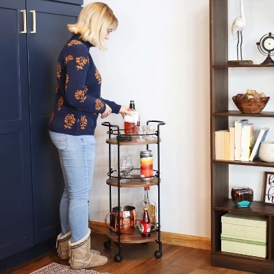 Sunnydaze Decor Sunnydaze Round Metal 3-Tier Bar Cart - Indoor Furniture With Wheels - Brown - 34.5” H 9 Sunnydaze Decor Sunnydaze Round Metal 3-Tier Bar Cart - Indoor Furniture With Wheels - Brown - 34.5” H - Image 9