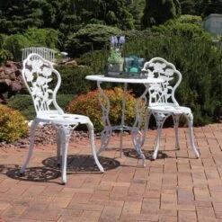 Sunnydaze Decor Sunnydaze Flower Design Cast Aluminum Bistro Set With Cast Iron Legs, White, 3pc -Sunnydaze Decor GUEST 8d189da7 b6ee 41bd baa4 fd76ce936875