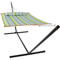 Sunnydaze Decor Sunnydaze 2-Person Quilted Fabric Spreader Bar Hammock With Detachable Pillow And Stand - 400 Lb Weight Capacity/15' Stand -Sunnydaze Decor GUEST 91ababe6 e5a9 472f 997d c3b0b5adbf2e