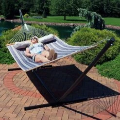 Sunnydaze Decor Sunnydaze 2-Person Quilted Fabric Spreader Bar Hammock With Detachable Pillow And Stand - 400 Lb Weight Capacity/15' Stand -Sunnydaze Decor GUEST 99fc058e 3797 4a2b 8583 5289d13ac0f1