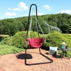 Sunnydaze Decor Sunnydaze Outdoor 1-Person Single Olefin Audrey Hammock Hanging Chair With Bamboo Armrest And Black Steel Stand - Red