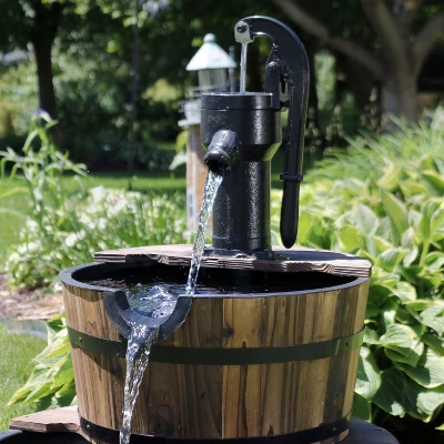 Sunnydaze Decor Sunnydaze 34"H Electric Fir Wood 2-Tier Farmhouse Barrel With Metal Decorative Hand Pump Outdoor Water Fountain 8 Sunnydaze Decor Sunnydaze 34"H Electric Fir Wood 2-Tier Farmhouse Barrel With Metal Decorative Hand Pump Outdoor Water Fountain - Image 8