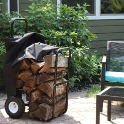 Sunnydaze Decor Sunnydaze Outdoor Firewood Log Rack Cart Carrier With Heavy-Duty Weather-Resistant Polyester Cover - Black