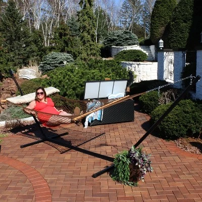 Sunnydaze Decor Sunnydaze Large Double Wide Two-Person Polyester Rope Hammock With Steel Stand - 400 Lb Weight Capacity/15' Stand - Brown 7 Sunnydaze Decor Sunnydaze Large Double Wide Two-Person Polyester Rope Hammock With Steel Stand - 400 Lb Weight Capacity/15' Stand - Brown - Image 7