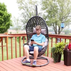 Sunnydaze Decor Sunnydaze Outdoor Resin Wicker Patio Cordelia Hanging Basket Egg Chair Swing With Cushion, Headrest, And Steel Stand Set- 3pc -Sunnydaze Decor GUEST b76bbcdd 19c9 4ef1 91d7 f9133e06b304