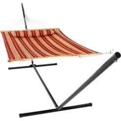 Sunnydaze Decor Sunnydaze 2-Person Quilted Fabric Spreader Bar Hammock With Detachable Pillow And Stand - 400 Lb Weight Capacity/15' Stand -Sunnydaze Decor GUEST b87432ae 7edb 4edd a656 974fa8a3fb96