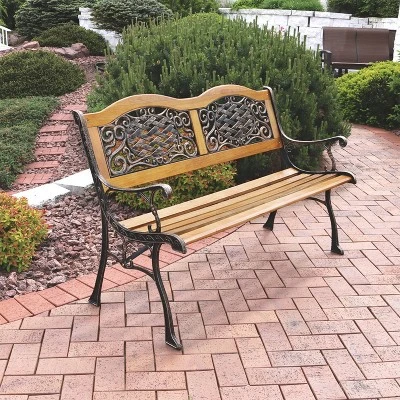 Sunnydaze Decor Sunnydaze 2-Person Ivy Crossweave Design Cast Iron And Wood Frame Outdoor Garden Bench 4 Sunnydaze Decor Sunnydaze 2-Person Ivy Crossweave Design Cast Iron And Wood Frame Outdoor Garden Bench - Image 4