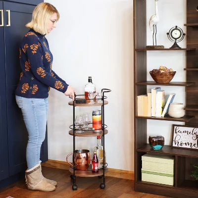 Sunnydaze Decor Sunnydaze Round Metal 3-Tier Bar Cart - Indoor Furniture With Wheels - Brown - 34.5” H 8 Sunnydaze Decor Sunnydaze Round Metal 3-Tier Bar Cart - Indoor Furniture With Wheels - Brown - 34.5” H - Image 8