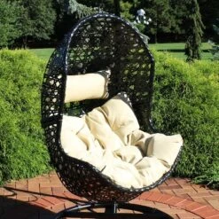 Sunnydaze Decor Sunnydaze Outdoor Resin Wicker Patio Lauren Hanging Basket Egg Chair Swing With Cushions And Headrest - Beige - 2pc