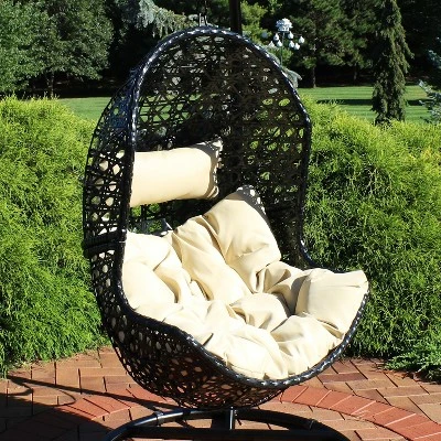 Sunnydaze Decor Sunnydaze Outdoor Resin Wicker Patio Lauren Hanging Basket Egg Chair Swing With Cushions And Headrest - Beige - 2pc 1 Sunnydaze Decor Sunnydaze Outdoor Resin Wicker Patio Lauren Hanging Basket Egg Chair Swing With Cushions And Headrest - Beige - 2pc